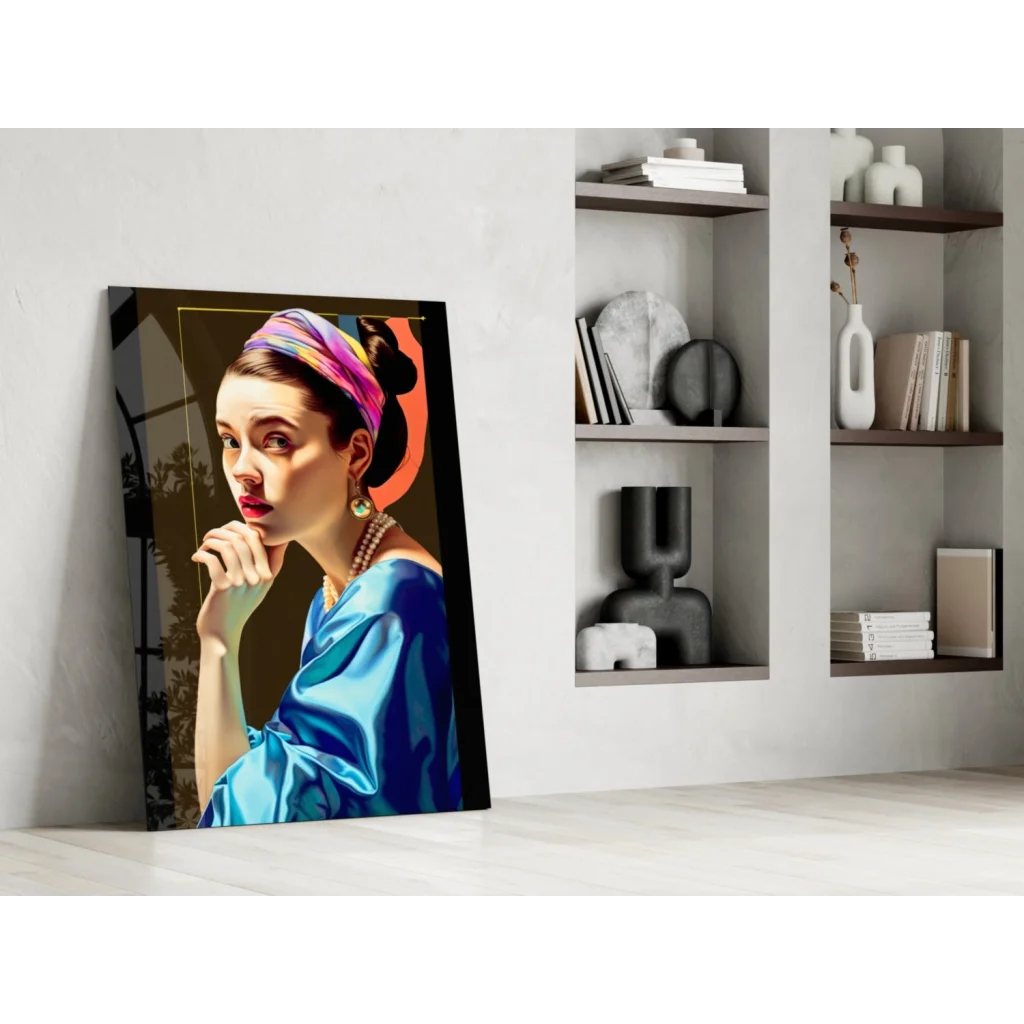 Frida Kahlo pop art glass wall art portrait canvas print of vibrant woman in blue gown