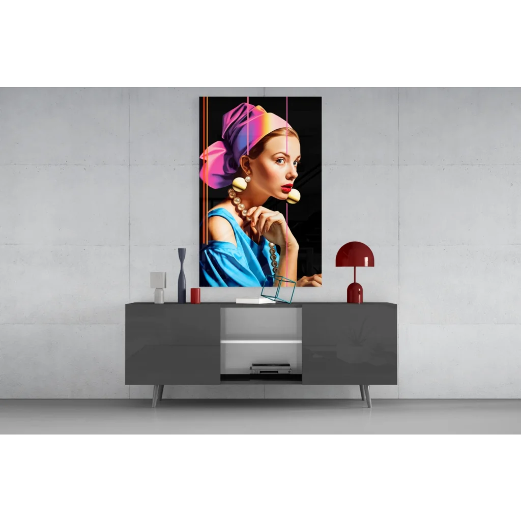 Vibrant rainbow pop art wall art canvas with woman in colorful headscarf