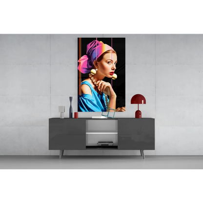 Vibrant rainbow pop art wall art canvas with woman in colorful headscarf