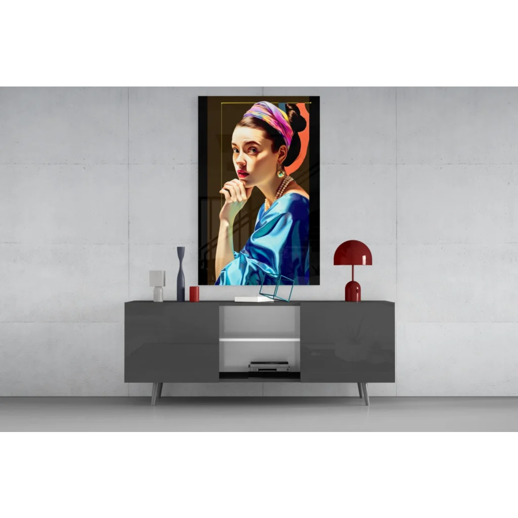 Frida Kahlo vibrant pop art glass wall art portrait in blue satin dress