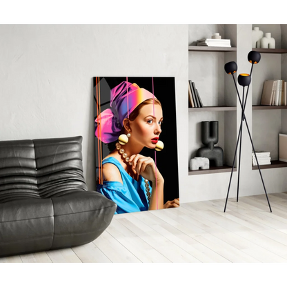 Vibrant pop-art woman in rainbow headscarf on sleek black canvas wall art