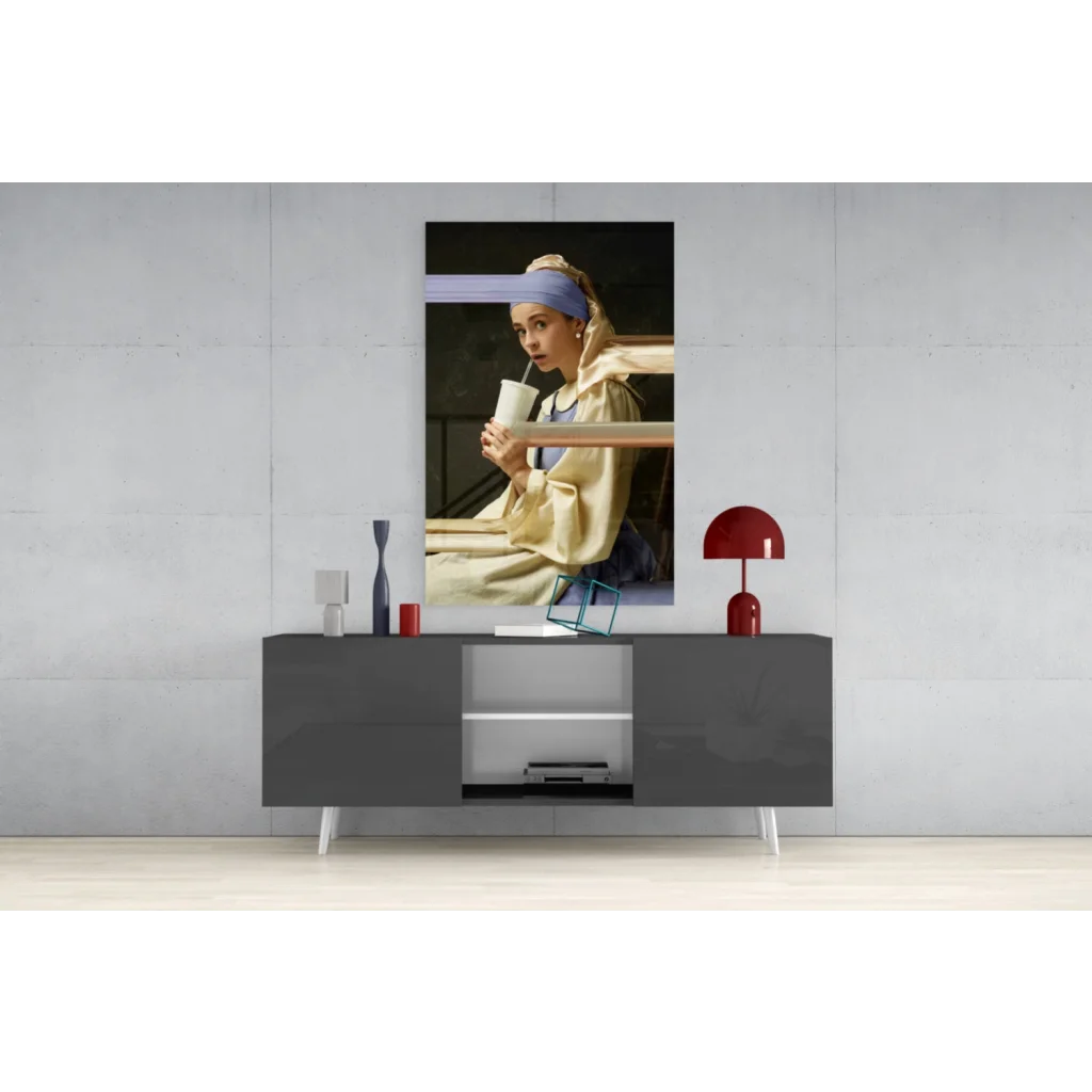 Framed Vermeer Girl with Pearl Earring glass wall art in warm tones