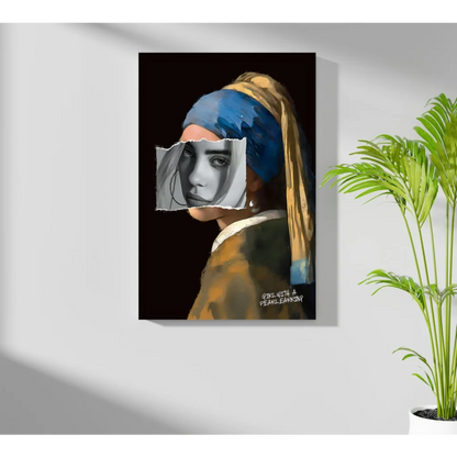Stylized Girl with Pearl Earring insigne aluminum print with torn paper eye
