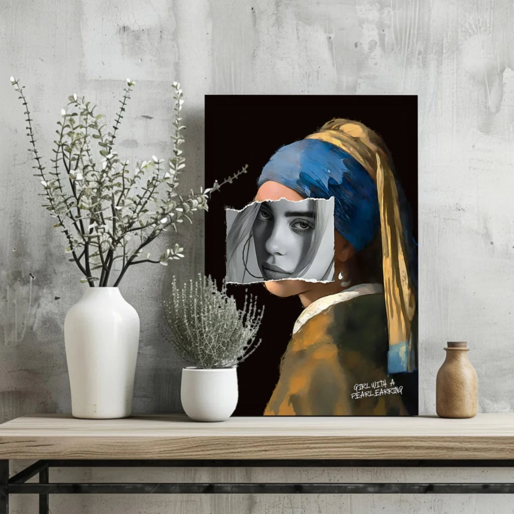 Stylized Girl with Pearl Earring on insigne aluminum prints, blue-gold scarf on dark background