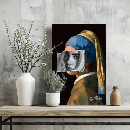 Stylized Girl with Pearl Earring on insigne aluminum prints, blue-gold scarf on dark background