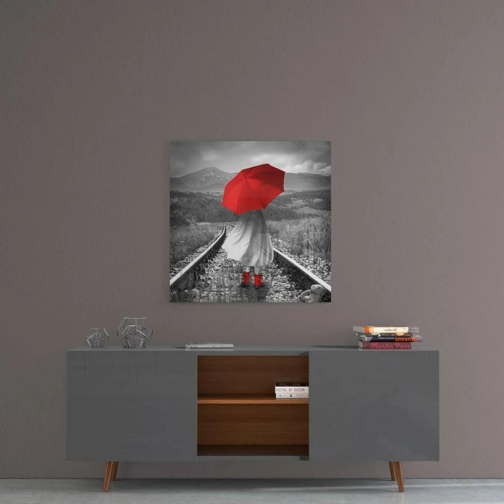 Red Umbrella Train Tracks Glass Wall Art Print | Contemporary Home Wall Art | vintageantiquesgifts.com