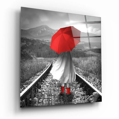 Red Umbrella Train Tracks Glass Wall Art Print | Insigneart USA | vintageantiquesgifts.com
