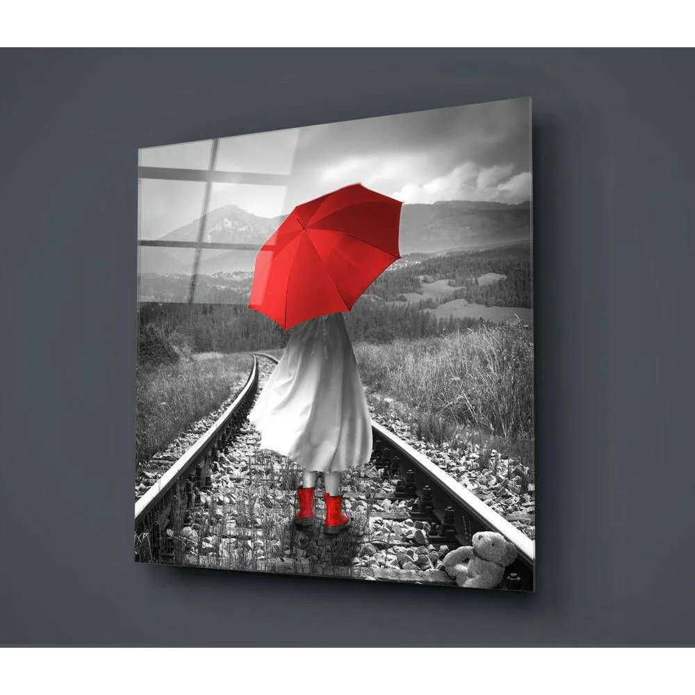 Red Umbrella Train Tracks Glass Wall Art Print | Glass Wall Art Print | vintageantiquesgifts.com
