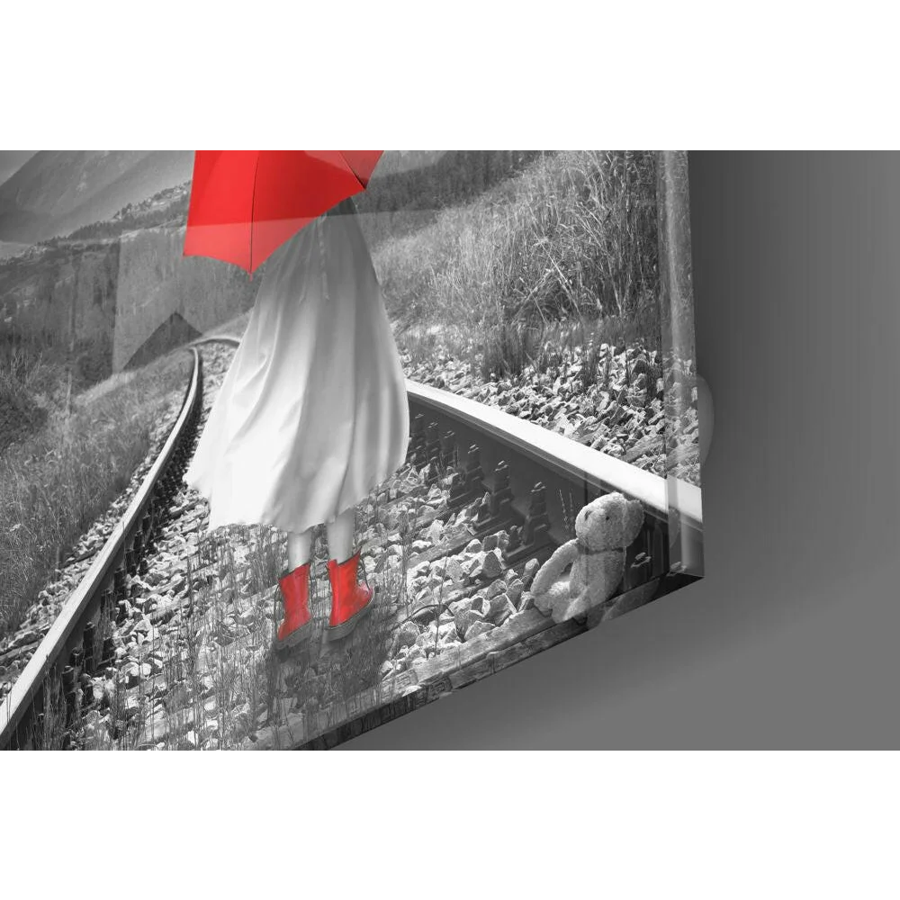 Red Umbrella Train Tracks Glass Wall Art Print | Modern Wall Art Decor | vintageantiquesgifts.com