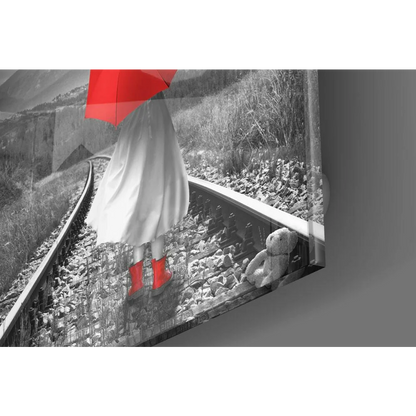 Red Umbrella Train Tracks Glass Wall Art Print | Modern Wall Art Decor | vintageantiquesgifts.com