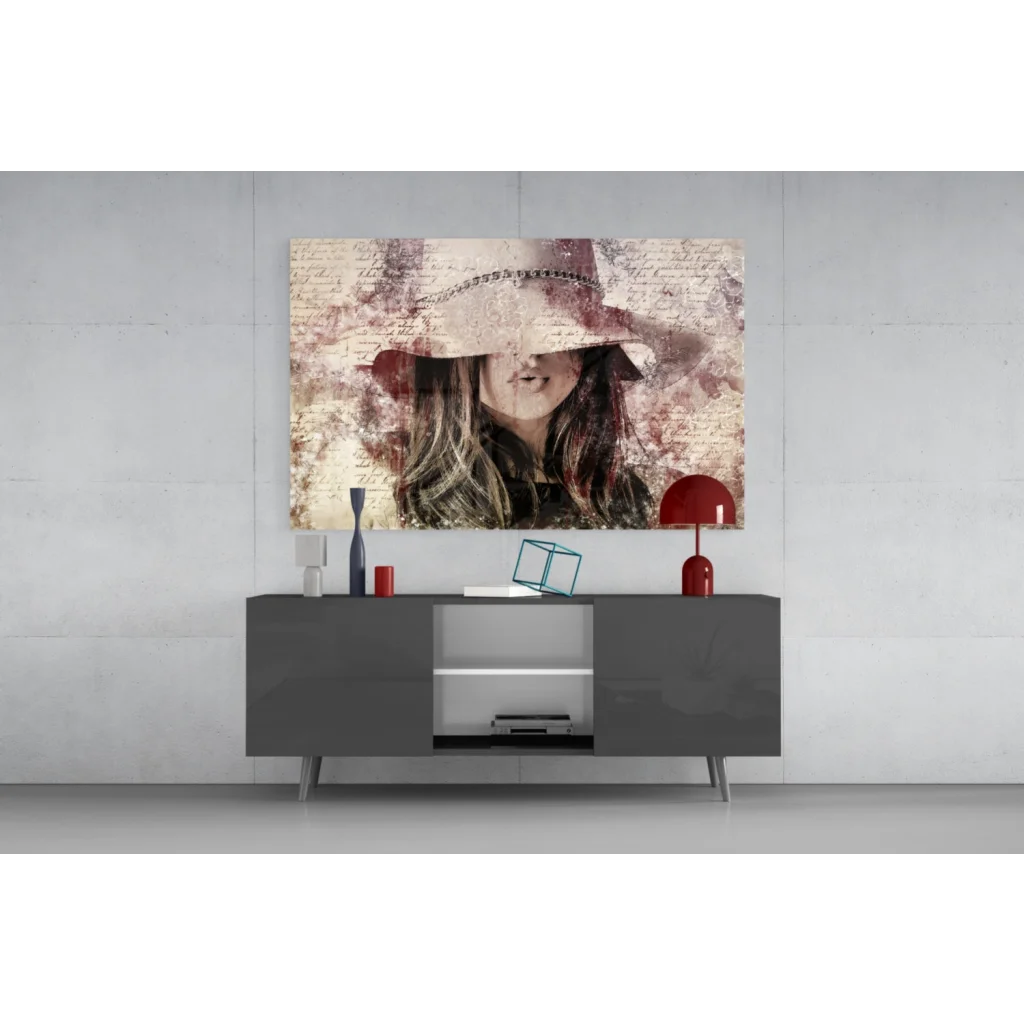 Vintage Hat Lady canvas wall art with lace script and sepia tones