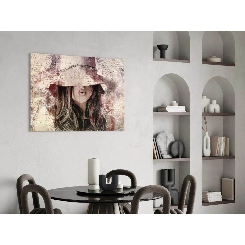Vintage Hat Lady canvas wall art with lace script and soft tones