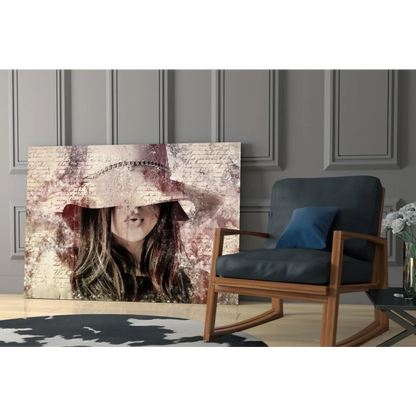 Vintage Hat Lady canvas wall art with lace script and sepia tones