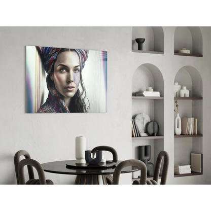 Vibrant tattooed woman portrait canvas wall art with colorful headwrap