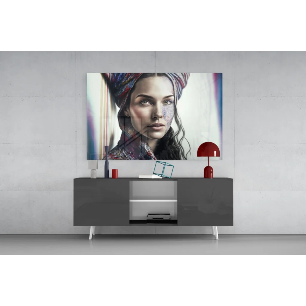 Vibrant tattooed woman portrait wall art canvas print with bold headscarf