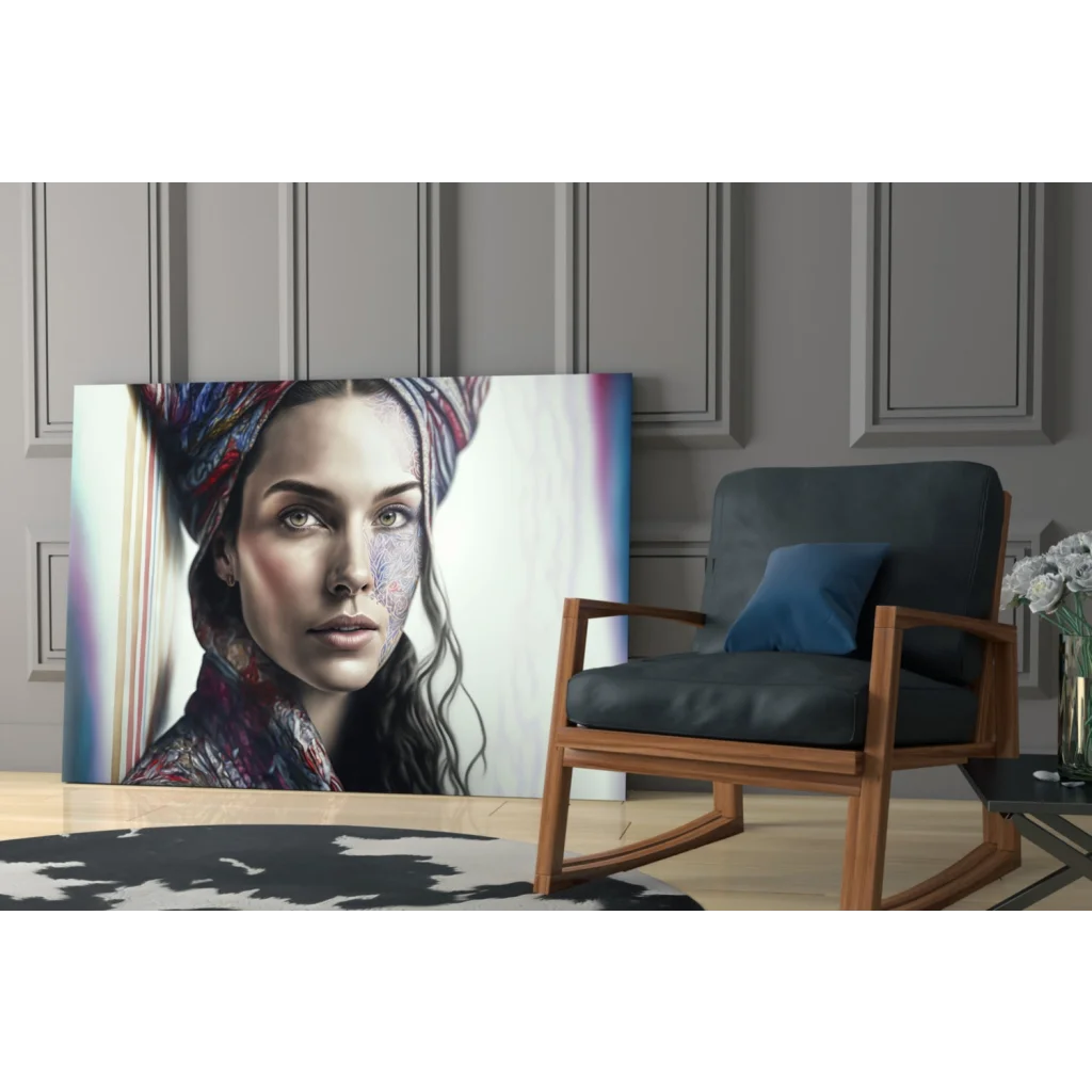 Vibrant tattooed woman portrait canvas wall art with colorful headwrap