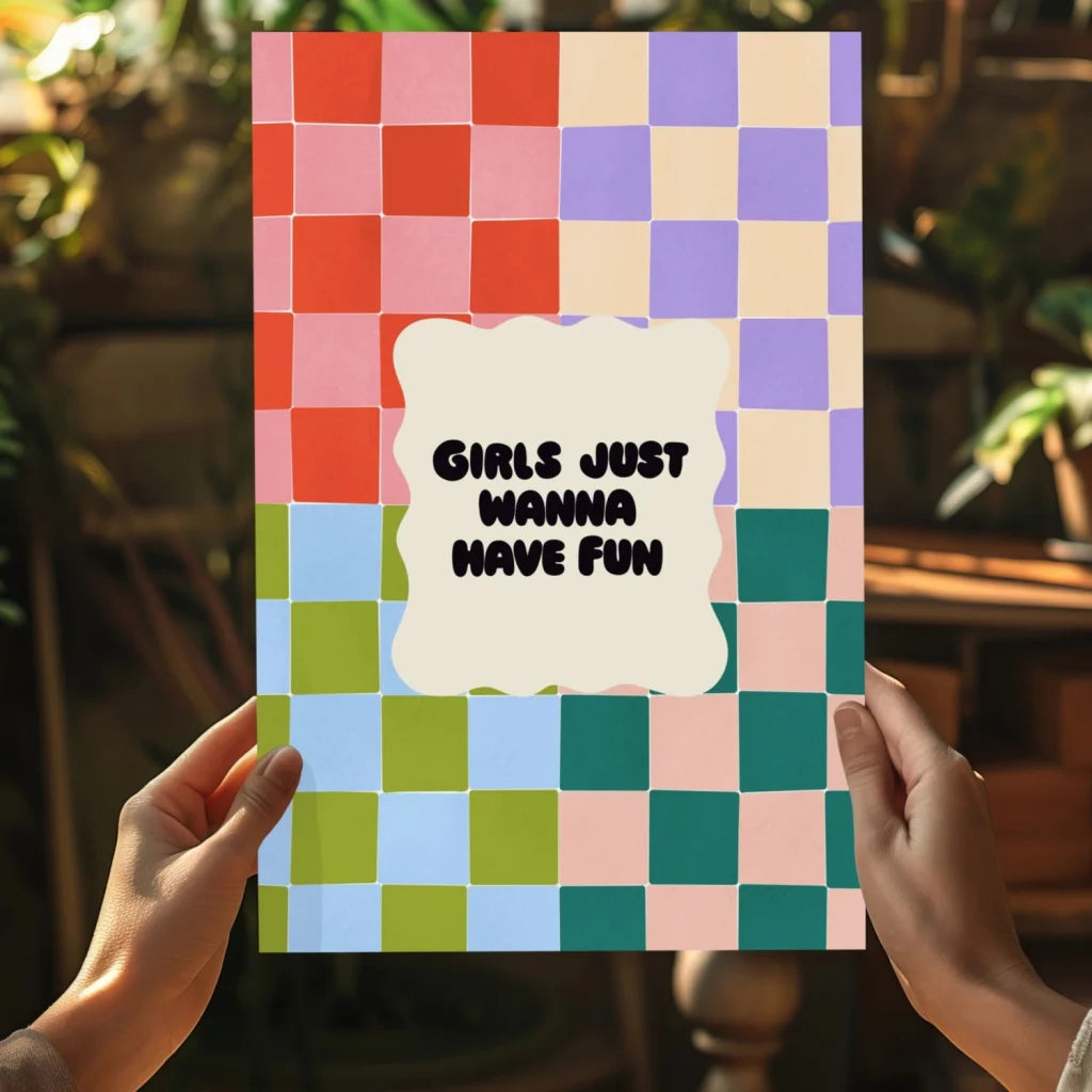 Vibrant pastel checkered Girls Just Wanna Have Fun insigne aluminum print