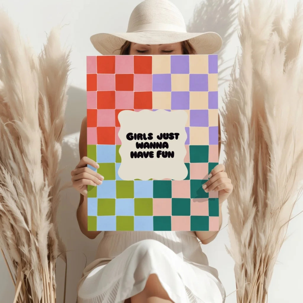 Girls just wanna have fun insigne aluminum print with colorful checkered design
