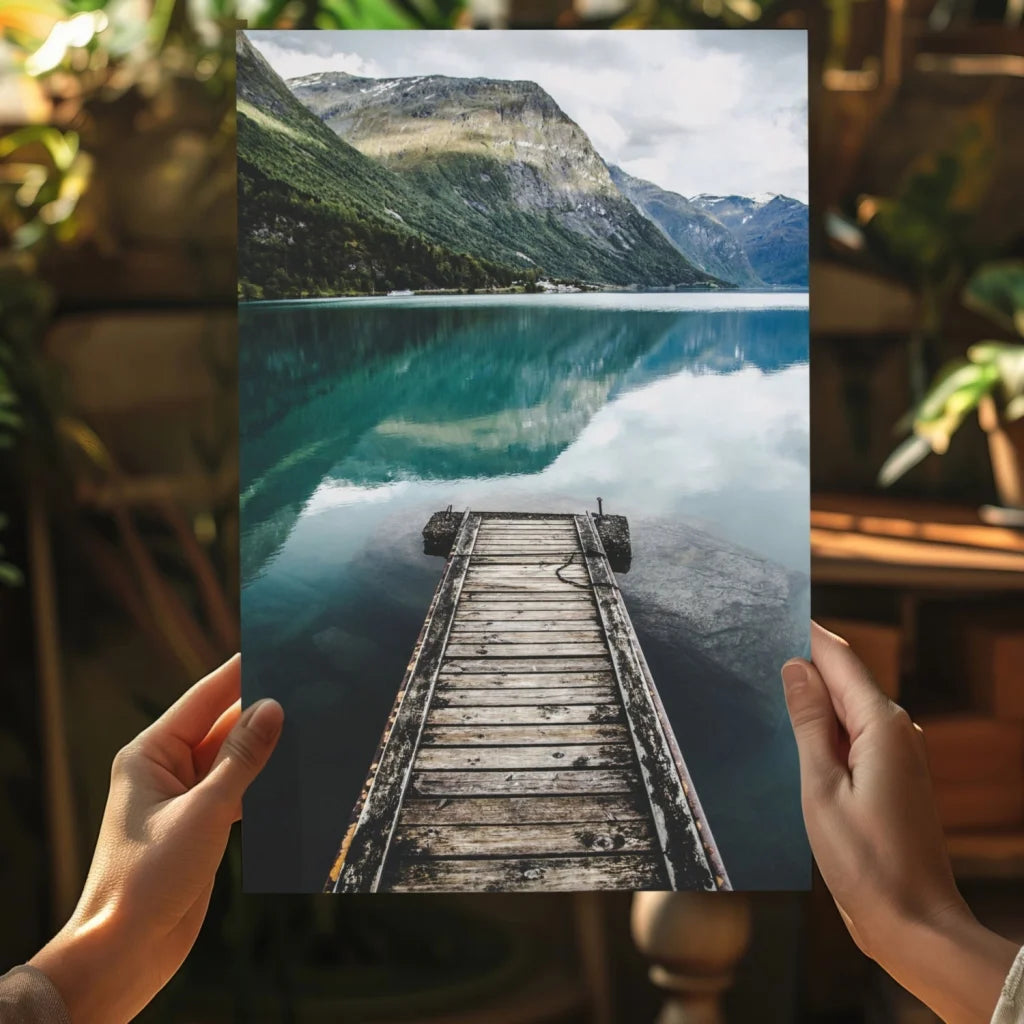 Weathered wooden dock in turquoise water on insigne aluminum print