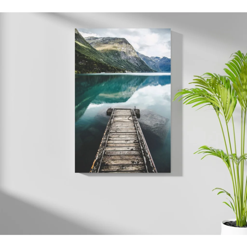 Insigne aluminum prints of weathered dock in turquoise water with mountains