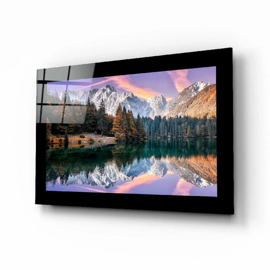 Stunning Mountain Lake Glass Wall Art with Sunset Reflections | Insigneart USA | vintageantiquesgifts.com