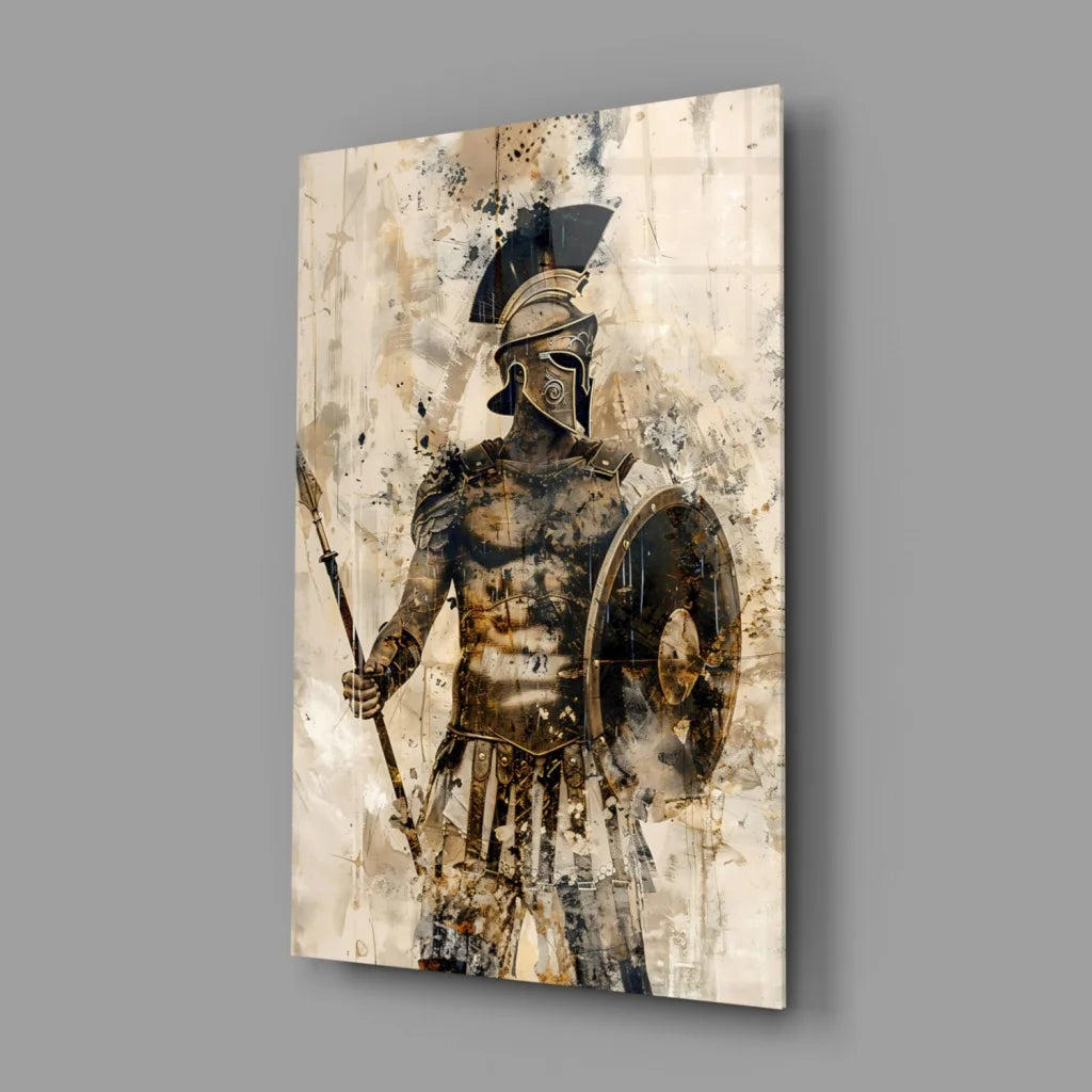 Spartan warrior glass wall art canvas print on beige black background
