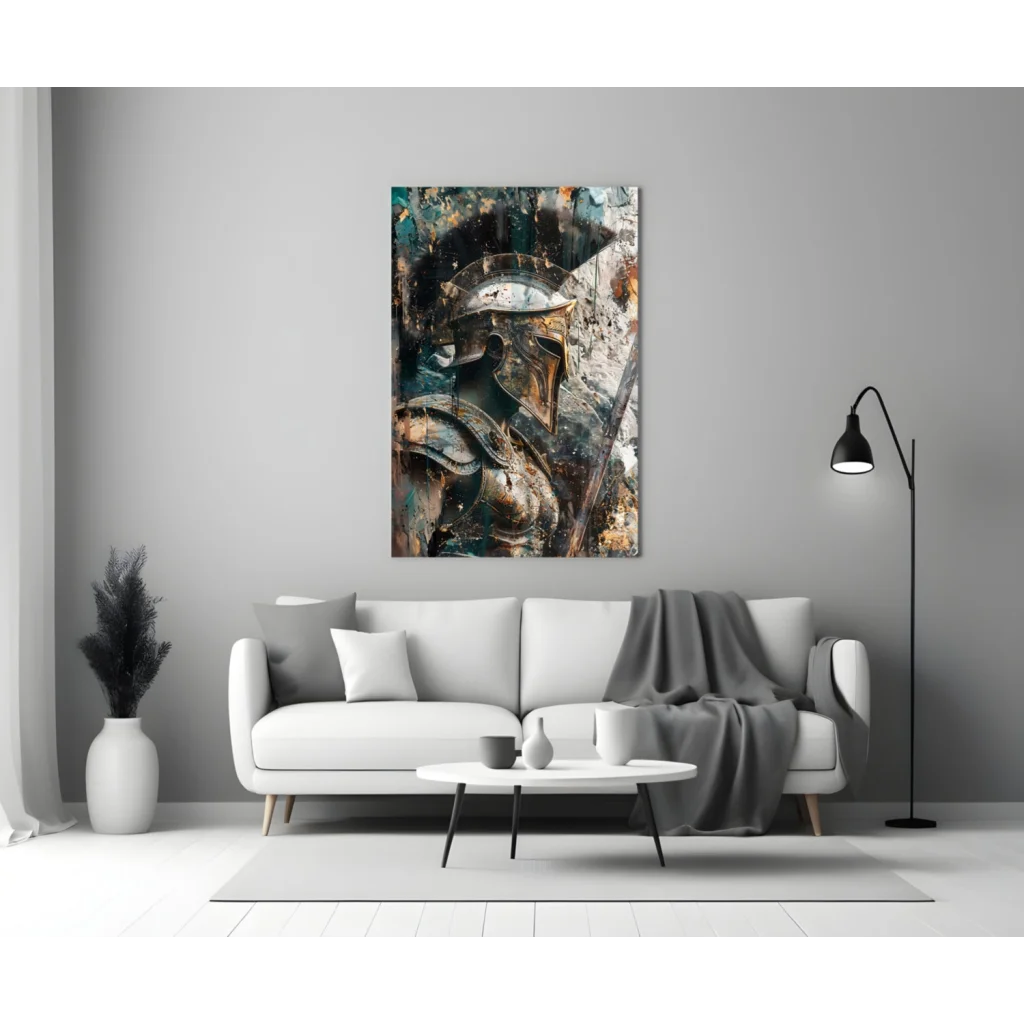 Spartan Warrior Glass Wall Art in Gold and Teal | Modern Wall Art Decor | vintageantiquesgifts.com