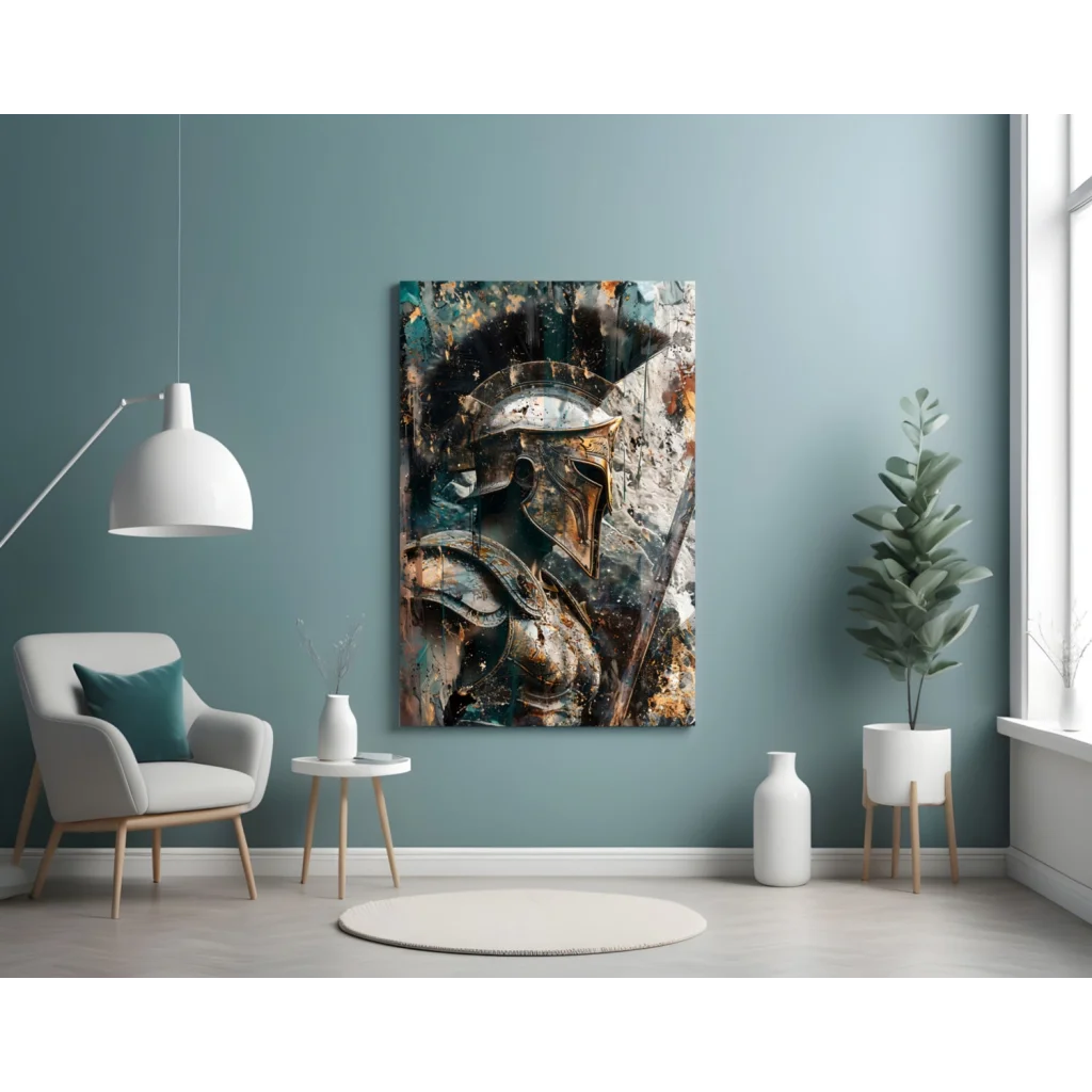 Spartan Warrior Glass Wall Art in Gold and Teal | Contemporary Home Wall Art | vintageantiquesgifts.com