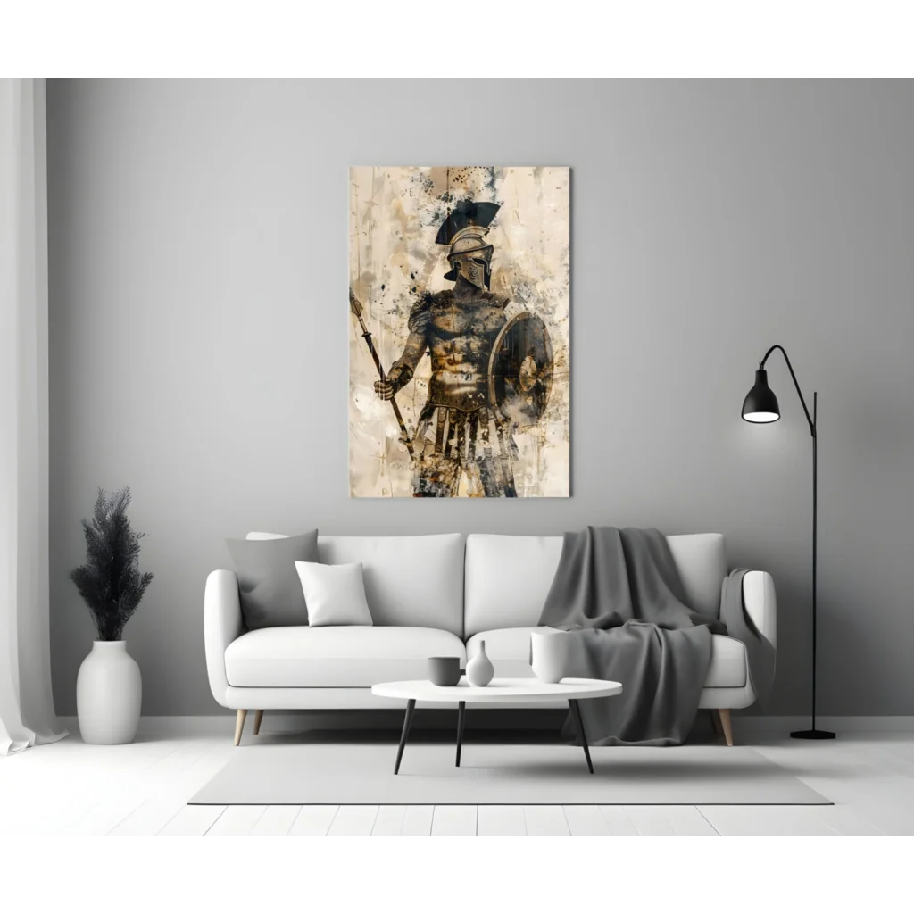 Spartan warrior glass wall art canvas print in beige black on wall