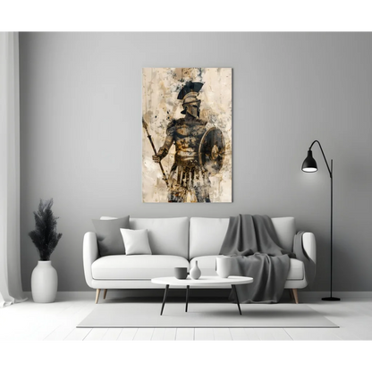 Spartan warrior glass wall art canvas print in beige black on wall