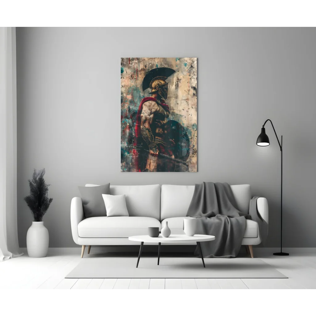 Spartan warrior glass wall art on textured canvas with epic design