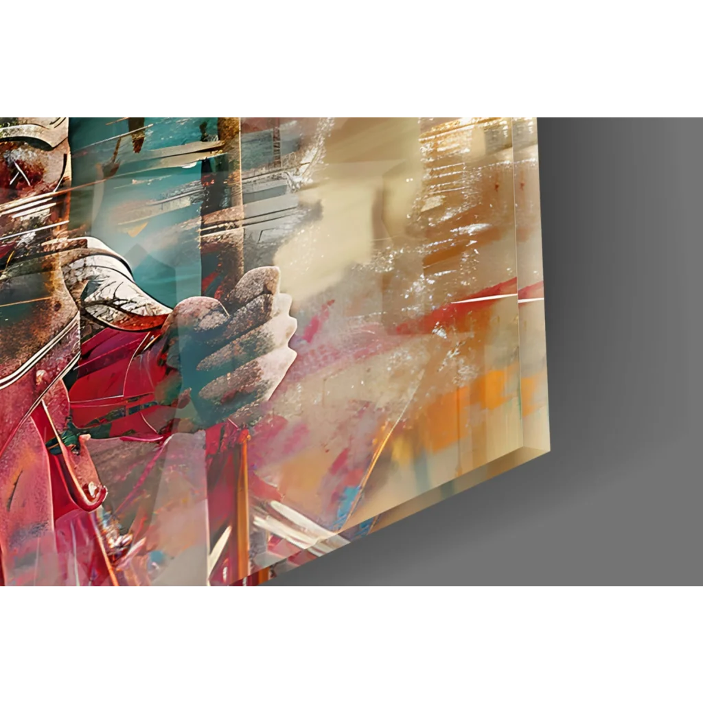Spartan warrior glass wall art in bold abstract reds, teals, oranges