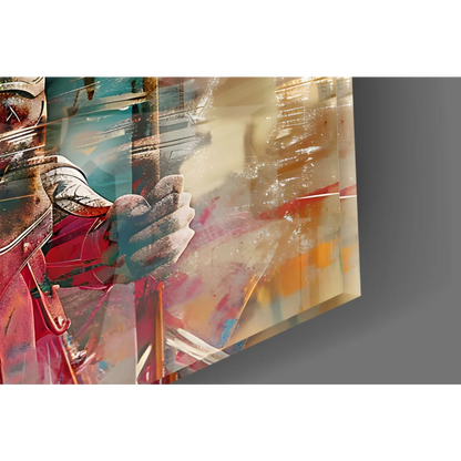 Spartan warrior glass wall art in bold abstract reds, teals, oranges