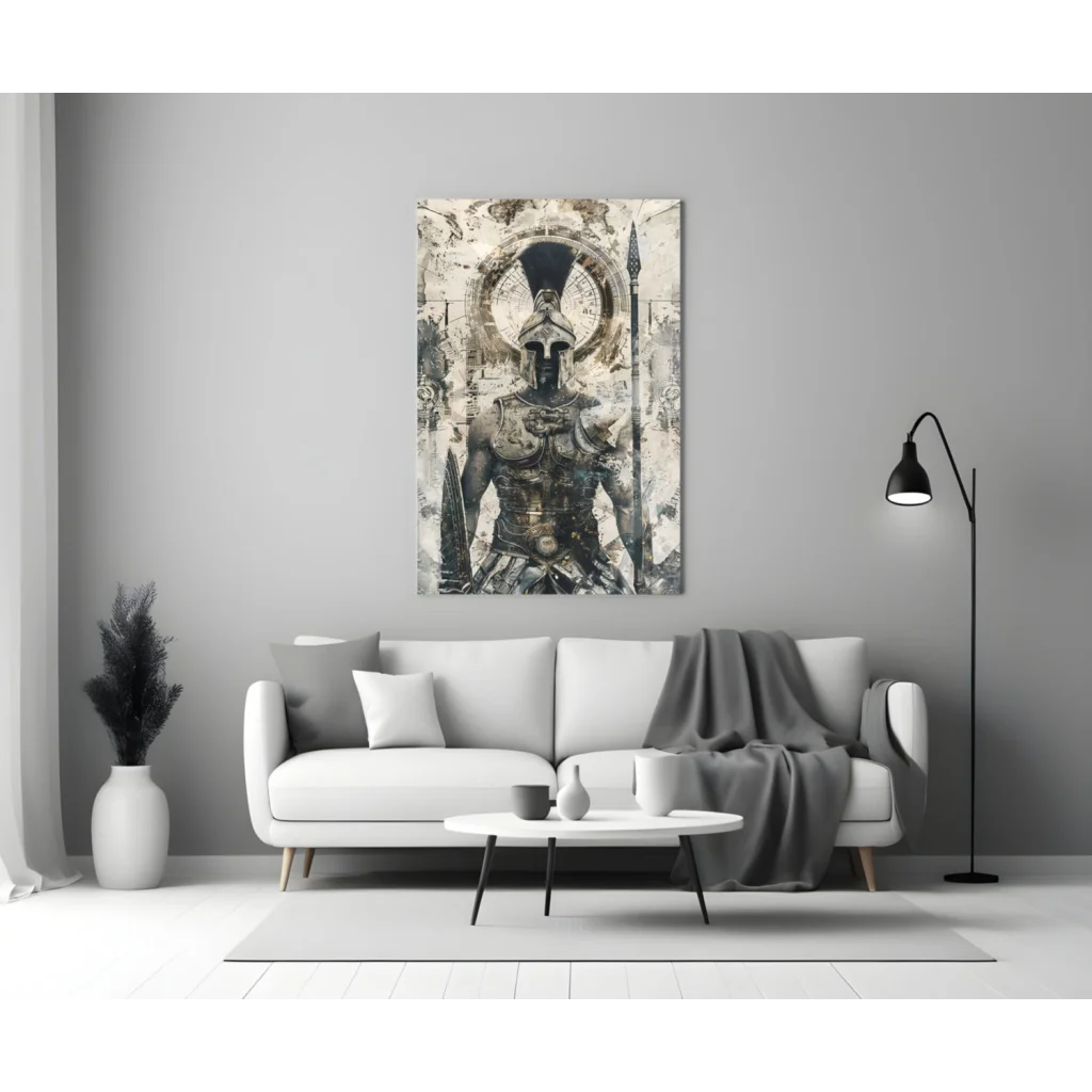 Spartan Warrior Textured Canvas Wall Art Black and White | Modern Wall Art Decor | vintageantiquesgifts.com