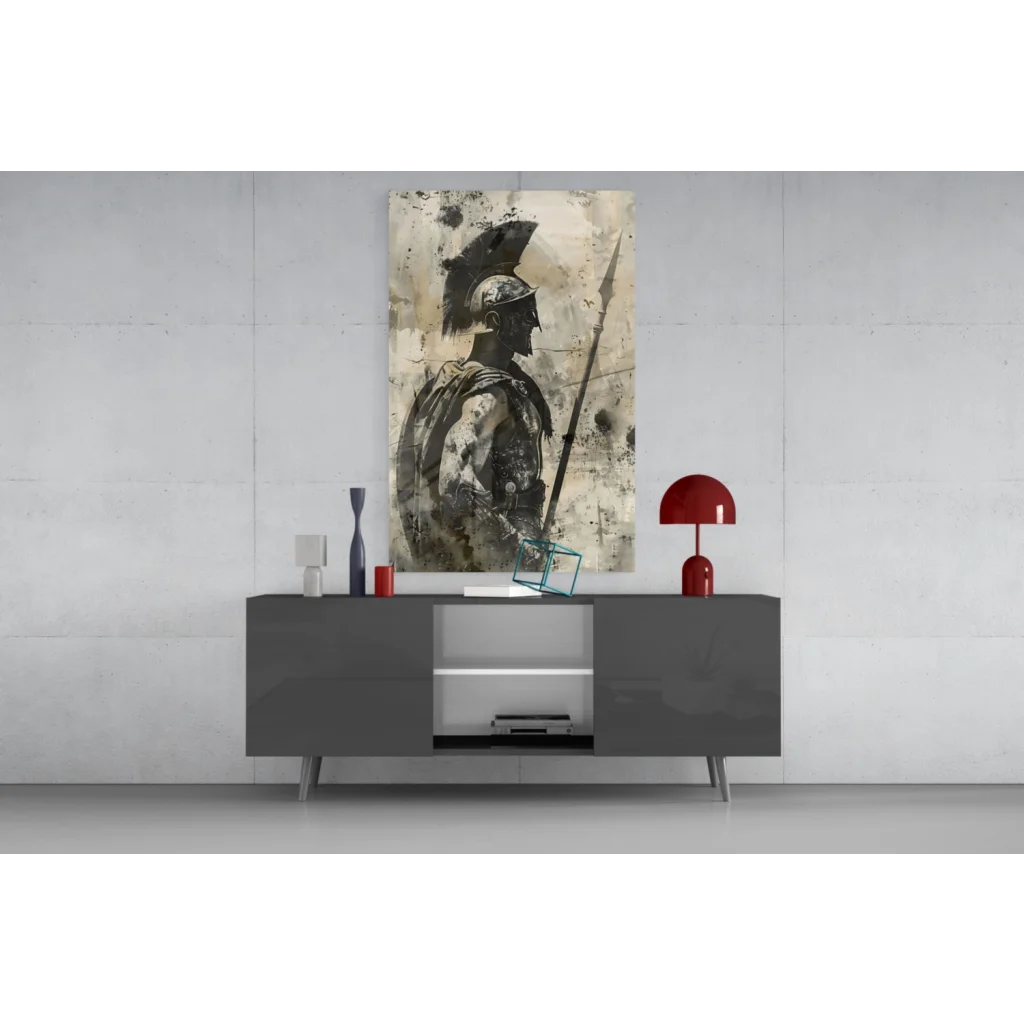 Abstract spartan warrior glass wall art in black beige tones