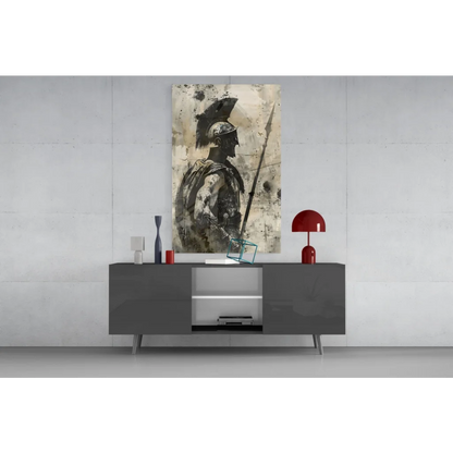 Abstract spartan warrior glass wall art in black beige tones