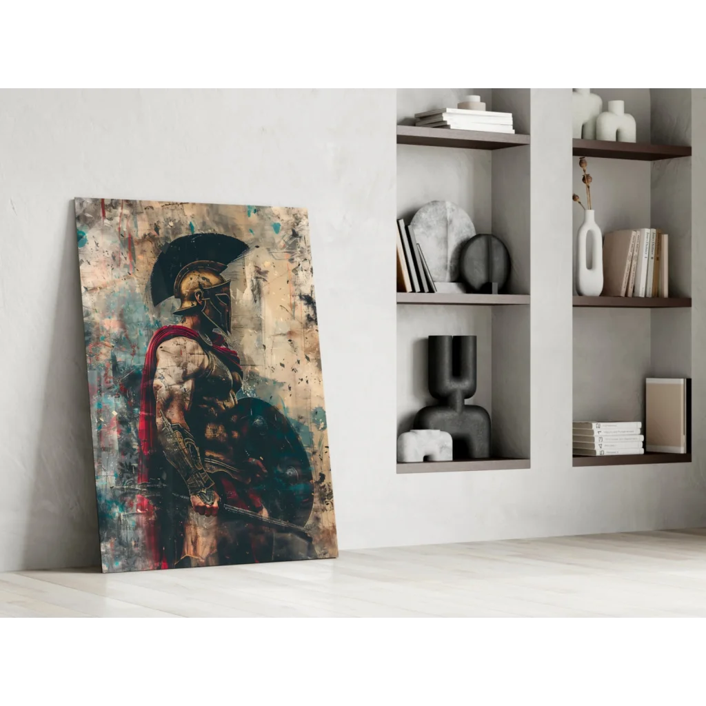 Epic Spartan warrior wall art canvas print in gold armor