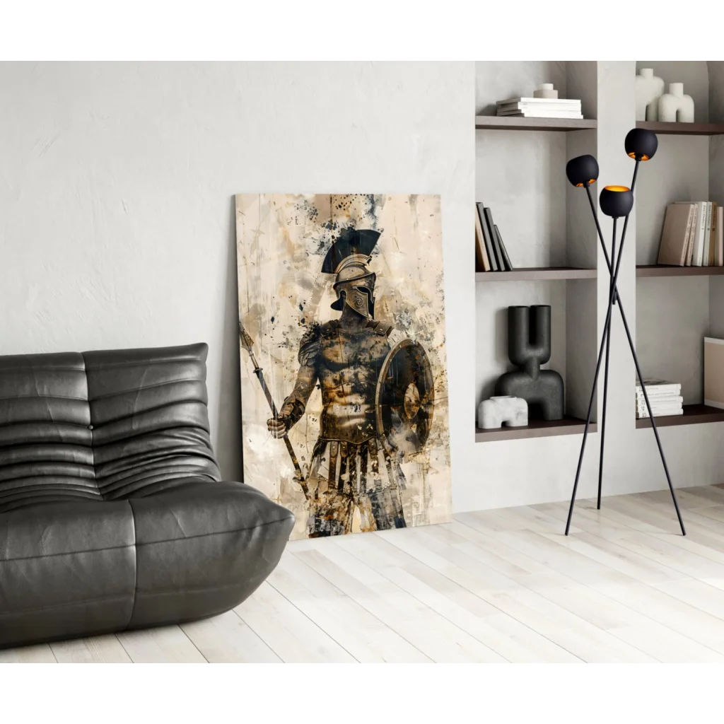 Spartan warrior in gold armor on glass wall art canvas print