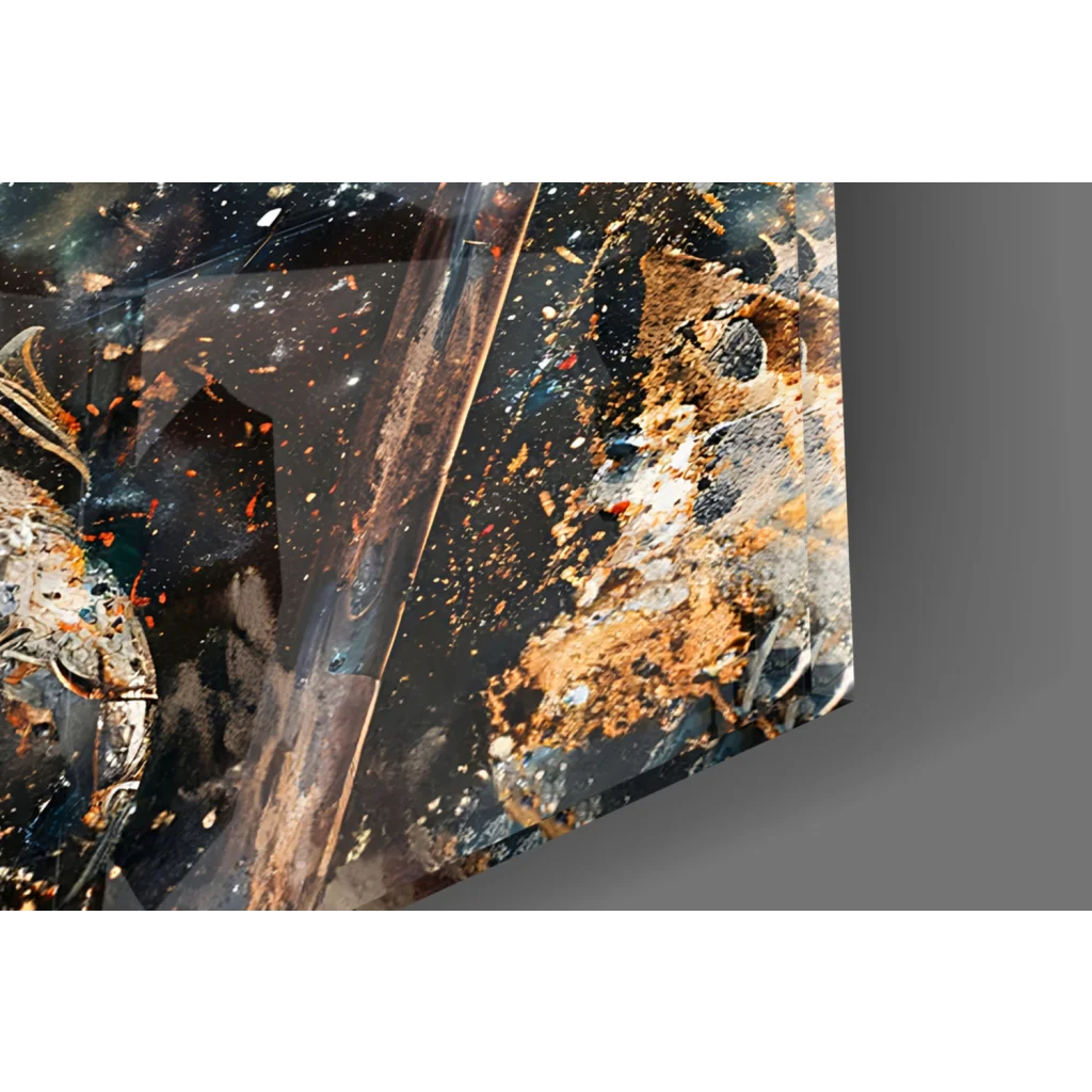 Spartan warrior glass wall art in gold and teal with abstract rusty layers