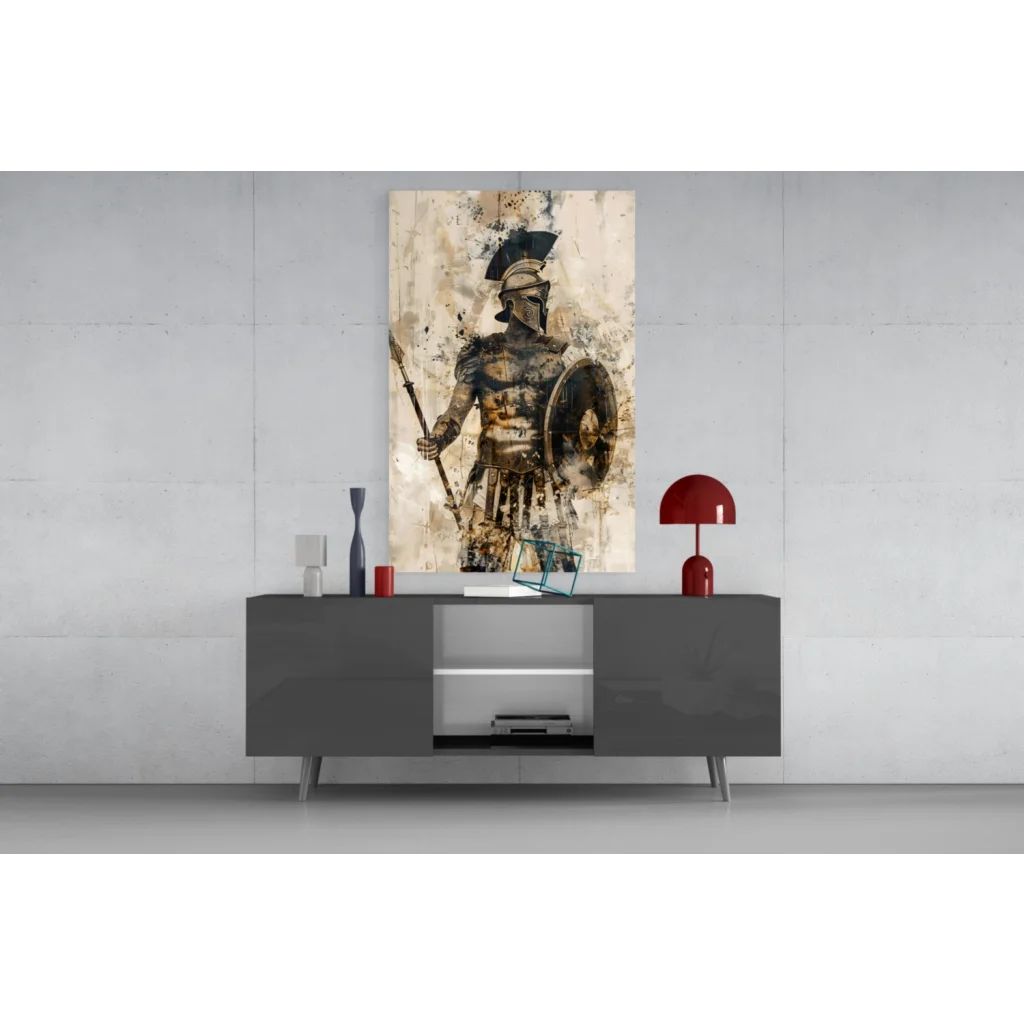 Spartan warrior glass wall art canvas print in black gold armor