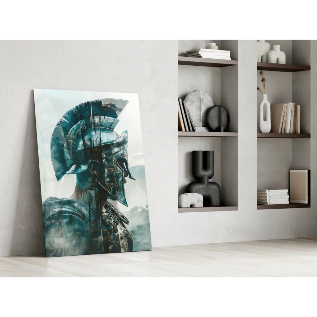 Spartan warrior glass wall art in teal and gray on vertical canvas