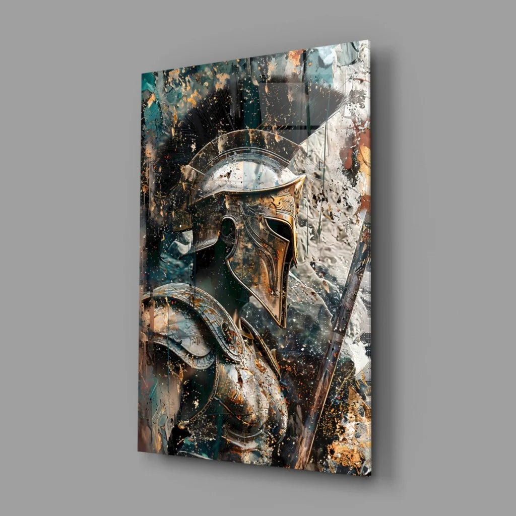 Spartan Warrior Glass Wall Art in Gold and Teal | Glass Wall Art Print | vintageantiquesgifts.com