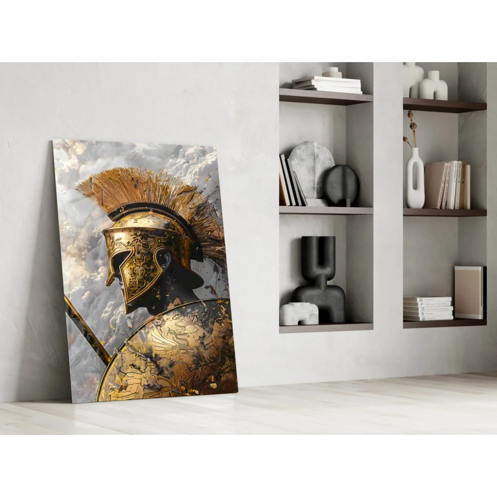 Golden spartan helmet glass wall art with ornate detailing