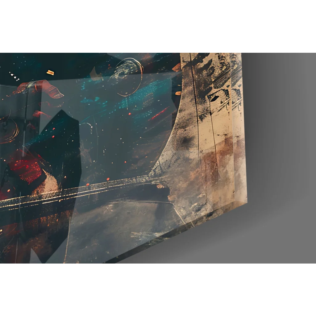 Spartan warrior glass wall art with cosmic teal red black hues