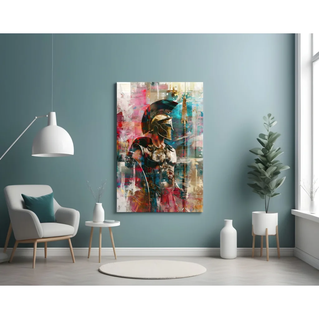 Spartan warrior in abstract glass wall art with pink, blue, gold hues