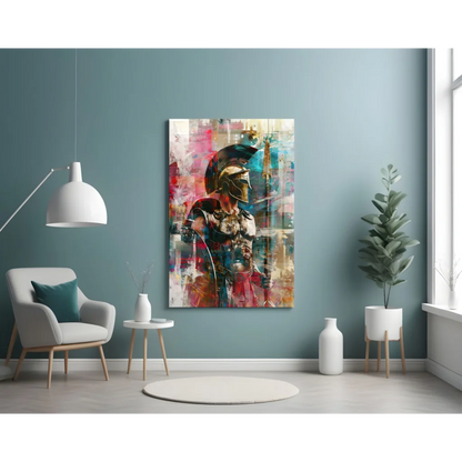 Spartan warrior in abstract glass wall art with pink, blue, gold hues
