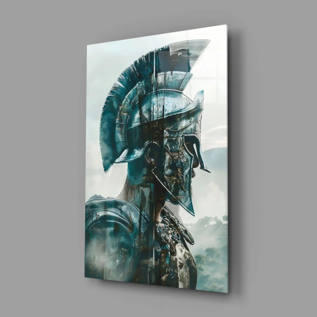 Sleek metallic teal and black spartan helmet glass wall art