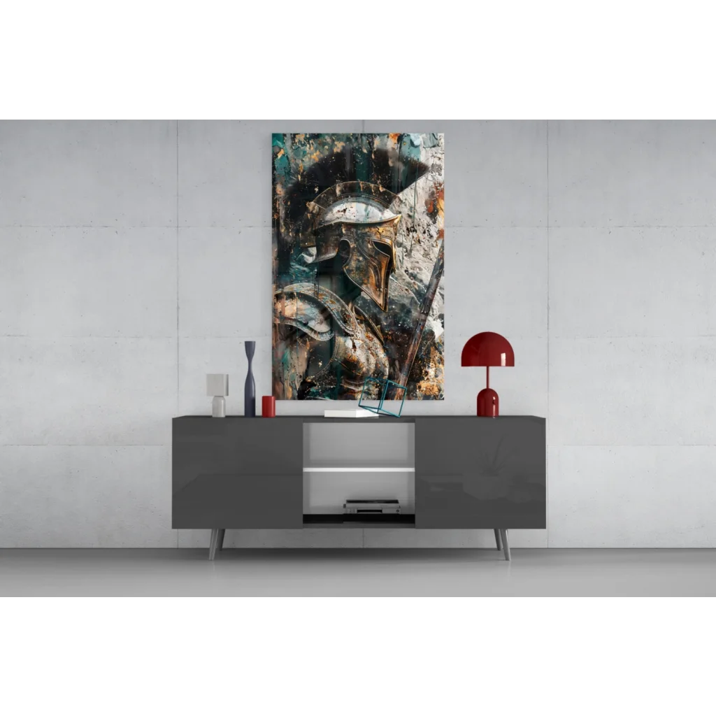 Spartan warrior glass wall art with gold helmet and teal splashes