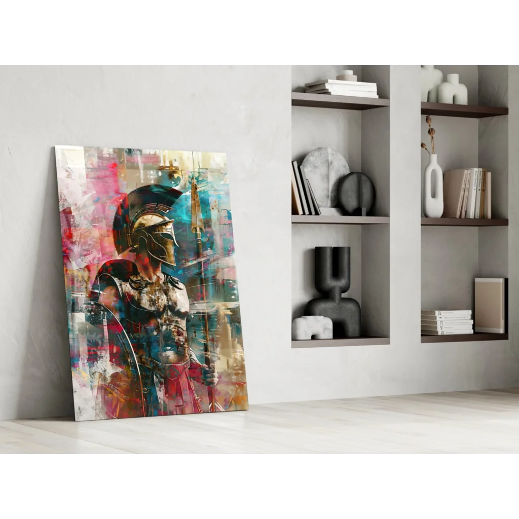 Vibrant Spartan warrior glass wall art in bold abstract colors