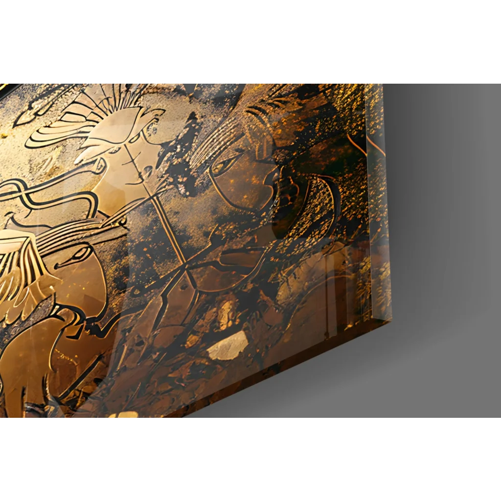 Golden metallic Spartan helmet glass wall art with intricate figures